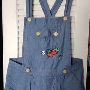 Denim Short Overalls with Strawberry Embroidery